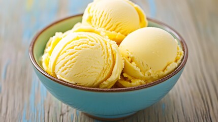 Ice cream scoops in bowl on wooden surface. Dessert advertising, summer treats concept