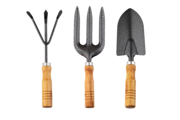 Garden tools collection for cultivating plants and soil isolated on a white bakground