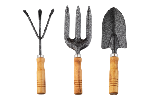 Garden tools collection for cultivating plants and soil isolated on a white bakground