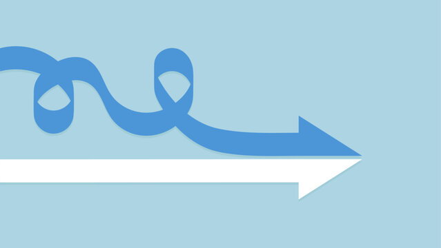 Two arrows, one straight and one looping, meet and merge into one. Different paths that come together.
