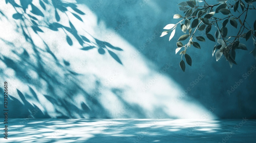Poster teal background with leaf shadows and empty floor