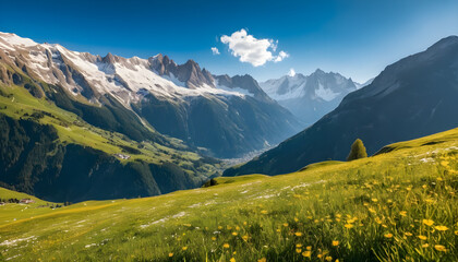 An idyllic Alpine landscape with vibrant spring meadows, majestic snow-capped peaks, and a clear blue sky. Warm sunlight casts a golden glow, enhancing the beauty of this breathtaking mountain scene
