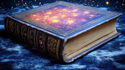 Vintage book with cosmic glow in space