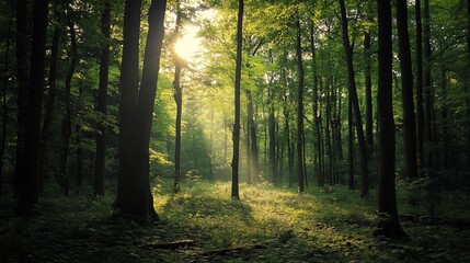 Fototapeta premium Sunbeams illuminating a lush, green forest path.