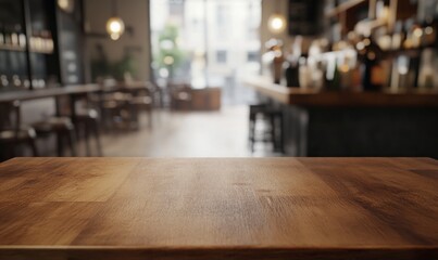 Empty wooden table top with a blurred background of a coffee shop, restaurant, or bar interior for a product display montage mock-up design template in a flat style.