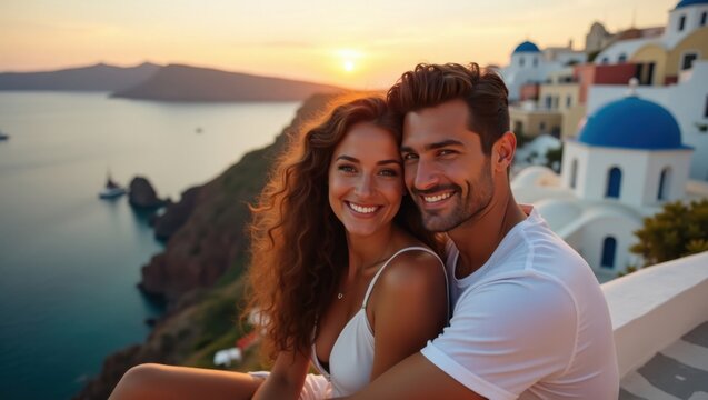 Pareja disfrutando de la puesta de sol en el acantilado de la isla griega, edificios encalados, c&uacute;pulas azules, impresionantes vistas al mar, escapada rom&aacute;ntica
