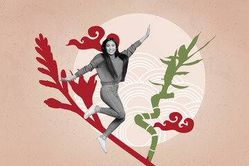 Creative trend artwork design 3D collage sketch of flower bamboo plant young lady jump japan...