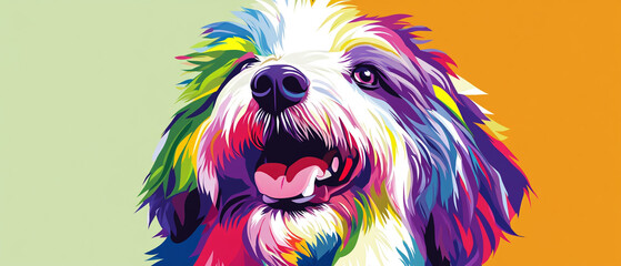 Naklejka premium Vibrant Polish Lowland Sheep Dog with Colorful Coat Posing in a Lush Green Field Showcasing Its Unique Fur Patterns and Playful Personality in a Bright and Cheerful Setting