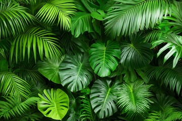 Lush green tropical leaves filling frame, wall background, for nature, design, wallpaper