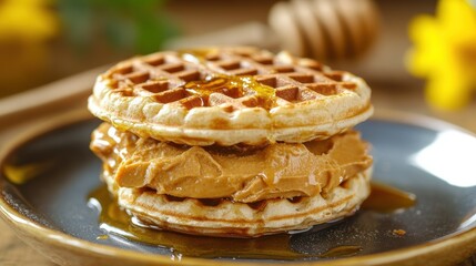 Golden Waffle Delight: A delightful stack of golden waffles filled with peanut butter and drizzled with a cascade of honey, creating a mouthwatering treat perfect for breakfast or a sweet indulgence.