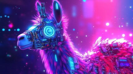 A Cybernetic Llama in Neon Lights Glows Brightly
