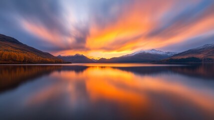 Golden sunset over a tranquil lake in the mountains