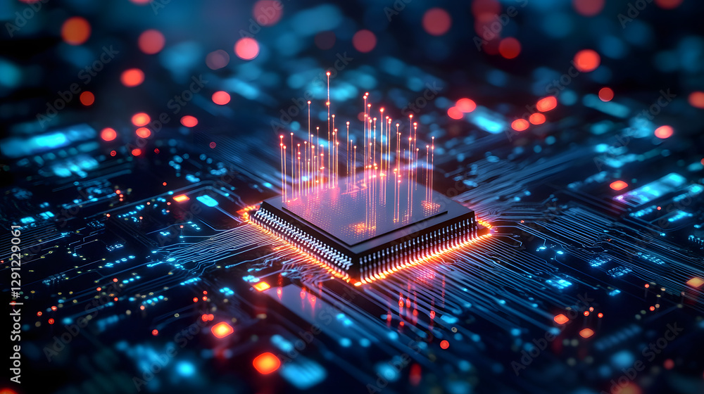 Poster a detailed depiction of a microchip at the center, surrounded by vibrant, glowing data streams that 