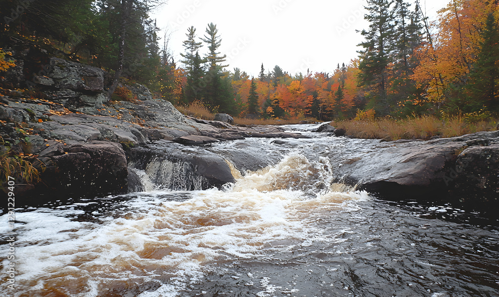 Poster Flowing River Through Autumn Forest with Rapids and Colorful Trees