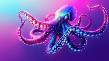 Obraz premium A vibrant iridescent octopus swims in neon light