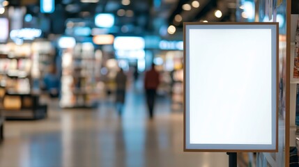 mockup of an empty white poster frame in the foreground, with blurry store shelves and people shopping in the background.