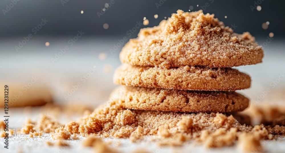 Poster freshly baked cookies with sugar crystals stacked on a surface surrounded by crumbled cookie bits in