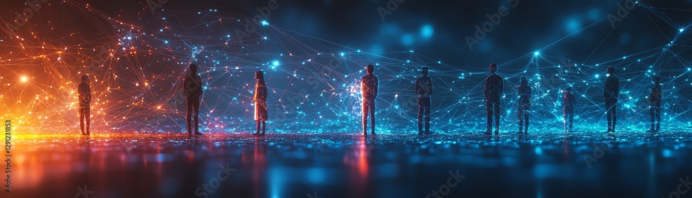 Aufkleber digital representation of a group of people standing in a network structure, interconnected by glowi