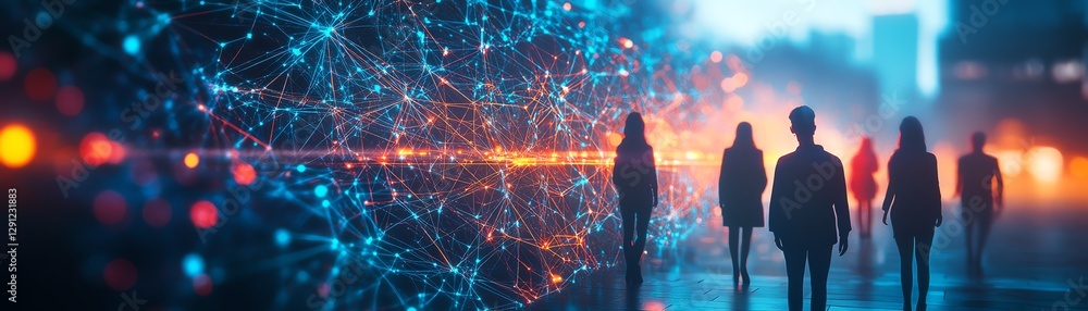 Aufkleber digital representation of a group of people standing in a network structure, interconnected by glowi
