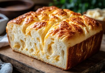 Freshly Baked Golden Bread Loaf with Crispy Crust and Soft Interior Served on Rustic Wooden Board