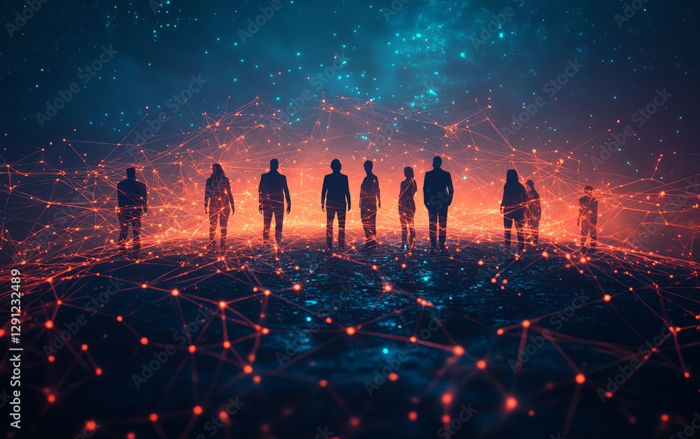 Poster group of individuals standing in a digital representation of a network, glowing interconnected lines