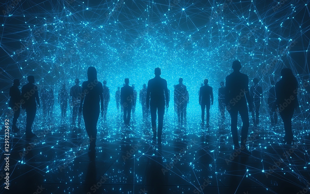 Poster group of individuals standing in a digital representation of a network, glowing interconnected lines