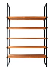 3-tiers shelf with oak planks and metal black frames isolated on white background