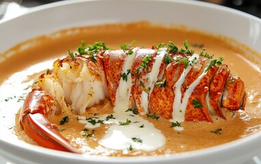 Rich Lobster Bisque with a Drizzle of Cream in a white dish