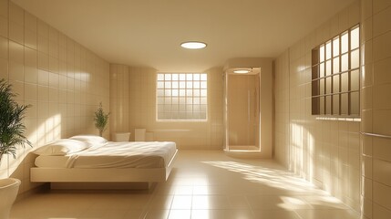 A modern and luxurious prison room with simple yet elegant furnishings and a private shower 