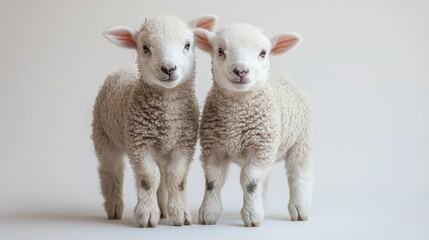 Fototapeta premium Two adorable lambs standing side by side against a clean, neutral backdrop, showcasing their fluffy wool and playful expressions.