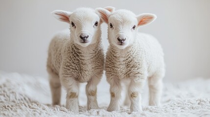 Fototapeta premium Two adorable lambs stand side by side on a soft white surface, showcasing their fluffy wool and curious expressions in a serene setting.