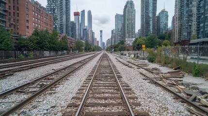 Obraz premium Urban Train Tracks, Cityscape Background, Daytime View, Potential Stock Photo