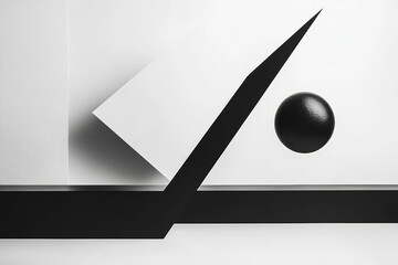 A minimalist composition featuring bold geometric shapes, sharp angles, and a restricted monochrome palette. The balance between negative space and form creates a sleek, modern aesthetic.