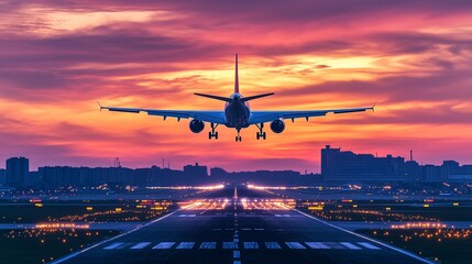 Airplane landing on illuminated runway at dusk