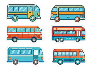 Colorful cartoon buses set collection vector illustration of six unique bus