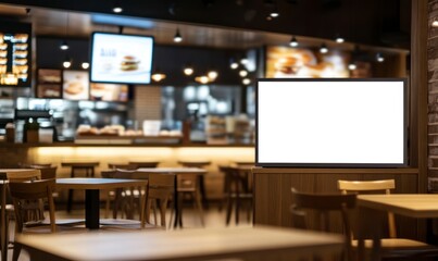 blank white digital signage screen in the middle of an American fast-food restaurant, with wooden tables and chairs around it. The background is blurred, showing other parts inside the store.