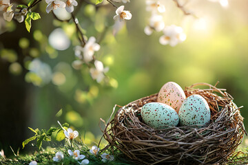 Obraz premium Easter festive background with eggs in nest, easter eggs template