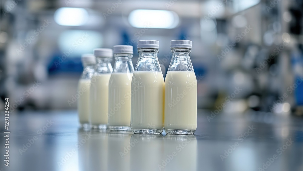 Poster freshly bottled milk in glass jars on a table in a dairy processing facility with soft lighting and 