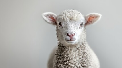 Fototapeta premium Close-up portrait of a young sheep with soft, fluffy fleece and a curious expression against a neutral background