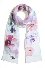 Illustration of a beautiful floral scarf with soft watercolor flowers in shades of pink, lavender, and mint. The gentle blend of colors and the delicate petals create a feminine, romantic design.