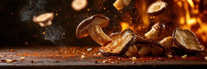 Roasted shiitake mushrooms flying with spicy garlic butter on Warm Terracotta Background