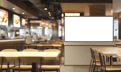 blank white digital signage screen in the middle of an American fast-food restaurant, with wooden tables and chairs around it. The background is blurred, showing other parts inside the store.