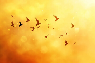 Fototapeta premium Illustration of a flock of birds soaring through a golden sunset sky, their wings spread wide against the warm colors of the evening. The tranquil atmosphere and free flight of the birds evoke a sense
