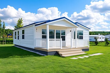 Modern white cottage with blue roof and porch