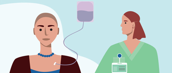 Cancer patient, consultation with doctor, flat vector stock illustration with palliative care, visit to oncologist