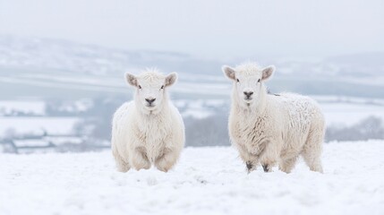 Naklejka premium Two sheep in snowy field, winter landscape