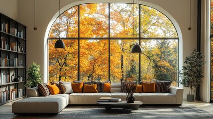 autumnal living room with large arch window