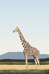 Naklejka premium Illustration of a majestic giraffe grazing in a grassy plain with a distant mountain backdrop. The gentle, tall creature stands out against the clear, expansive sky, adding to the calm and peaceful