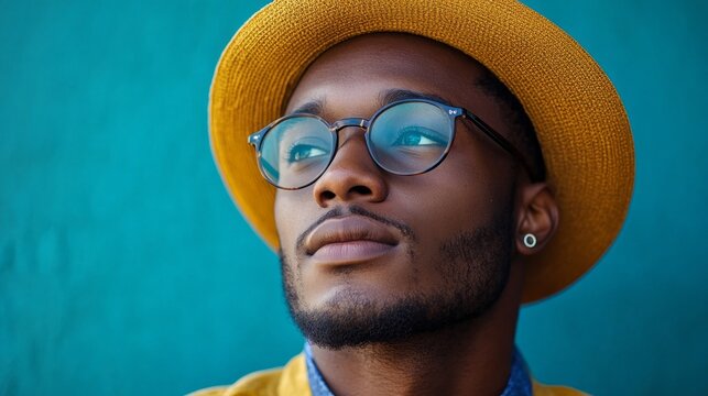 A young Black male with stylish glasses and a bright hat gazes thoughtfully into the distance, embodying confidence against a lively turquoise backdrop during late afternoon