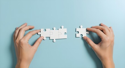 Concepto de negocio, manos sosteniendo un rompecabezas sobre fondo azul pastel
